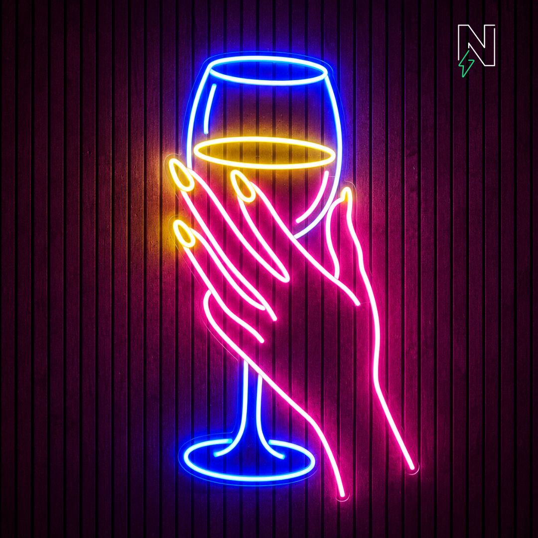 Wine Glass With Hand Neon Sign