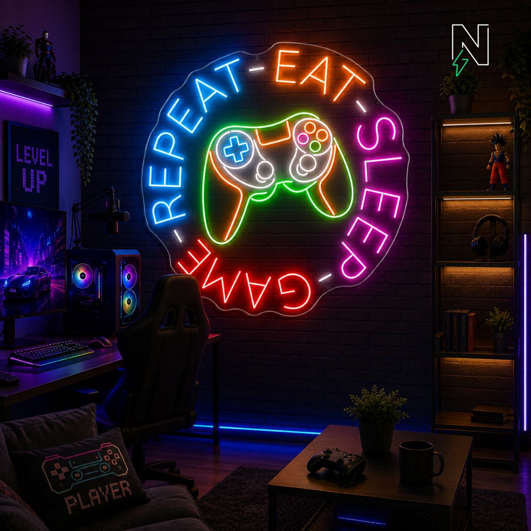 Eat Sleep Game Repeat Neon Sign