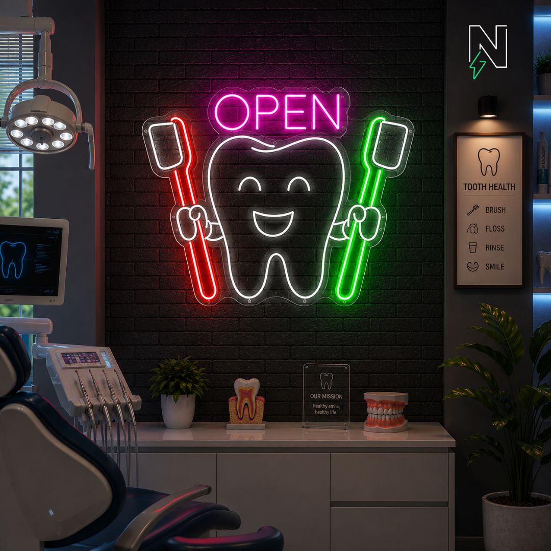 Open With Tooth & Brush Neon Sign