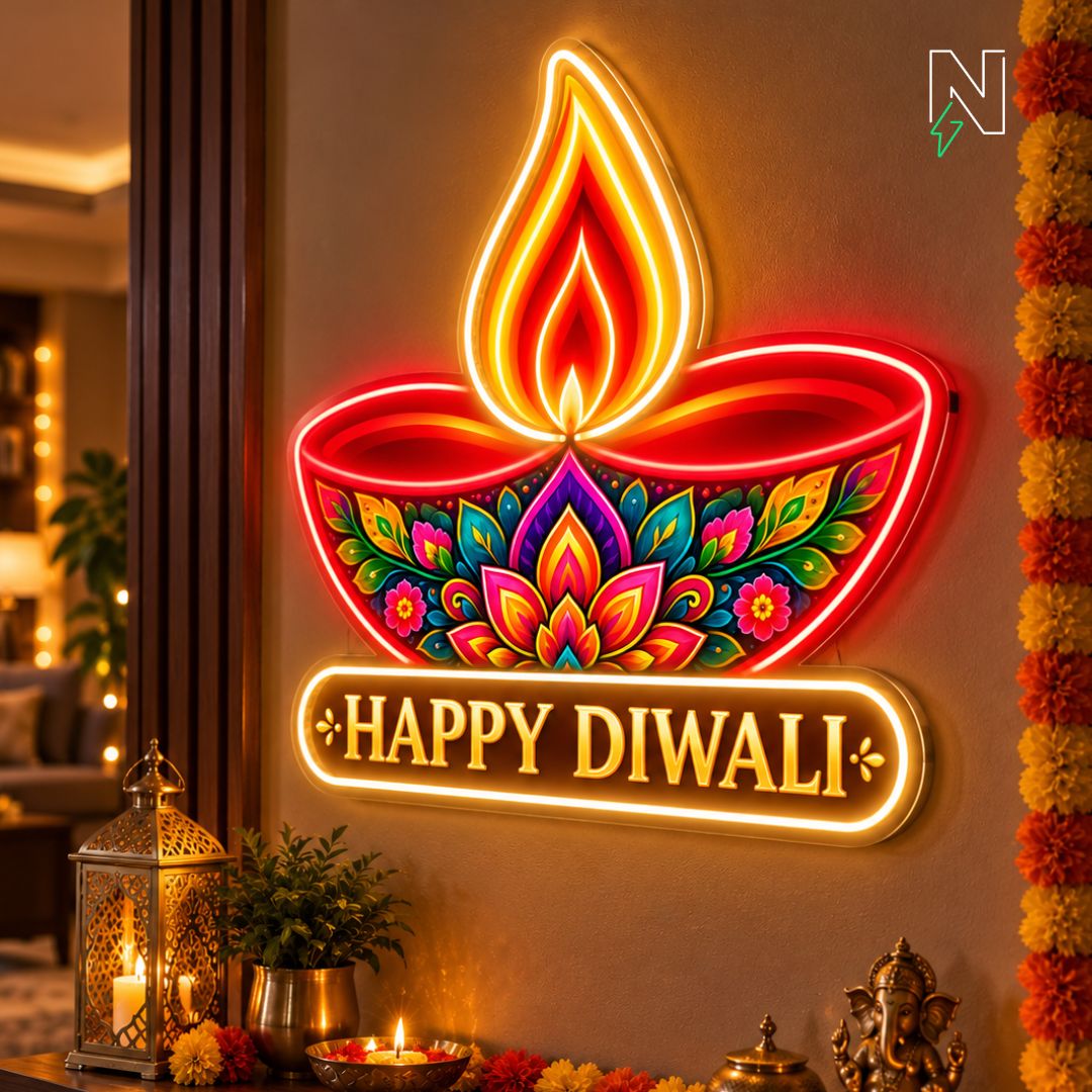 Diya With Happy Diwali UV+Neon