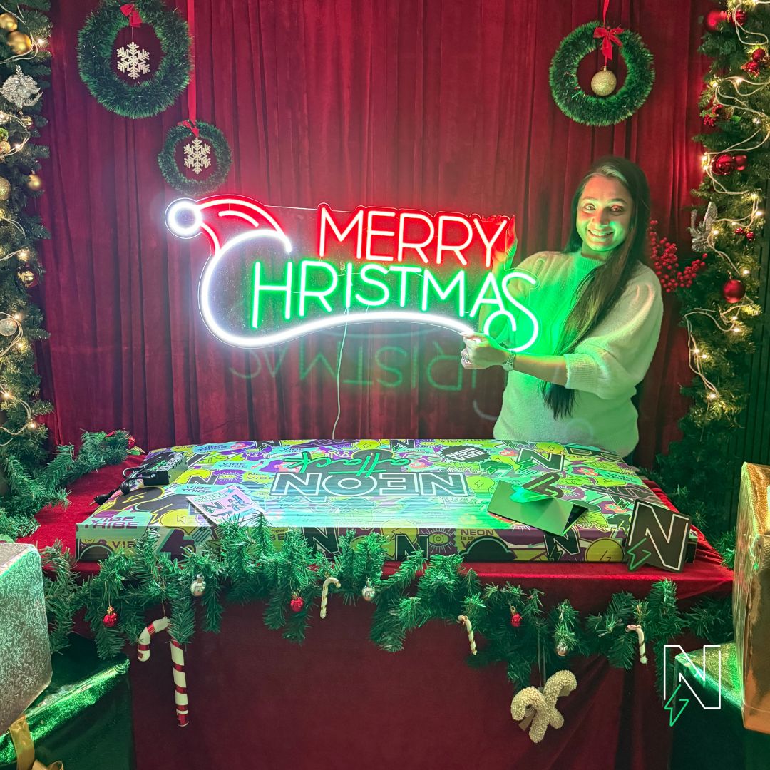 Merry Christmas With Santa Cap Neon Sign