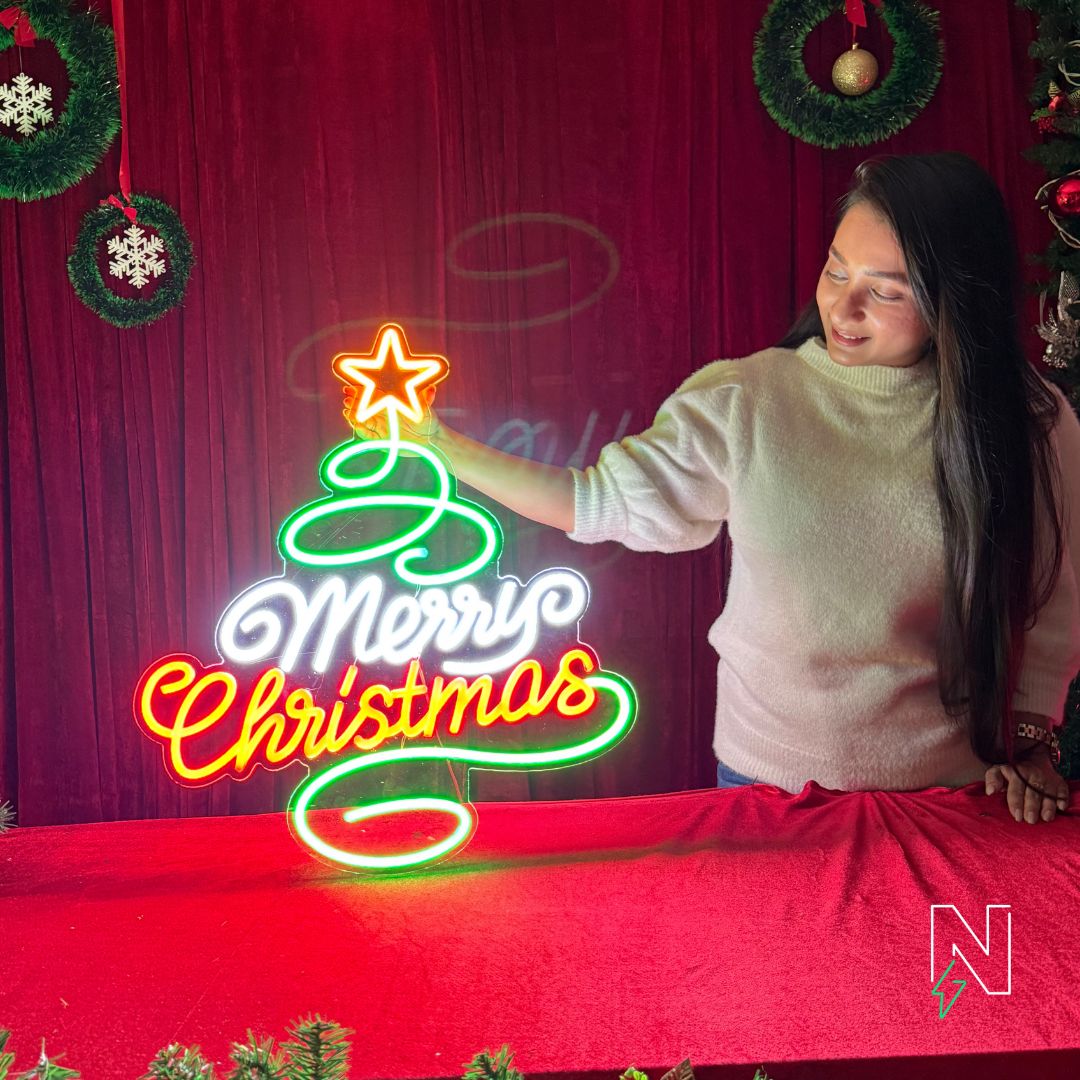 Merry Christmas With Christmas Tree Neon Sign