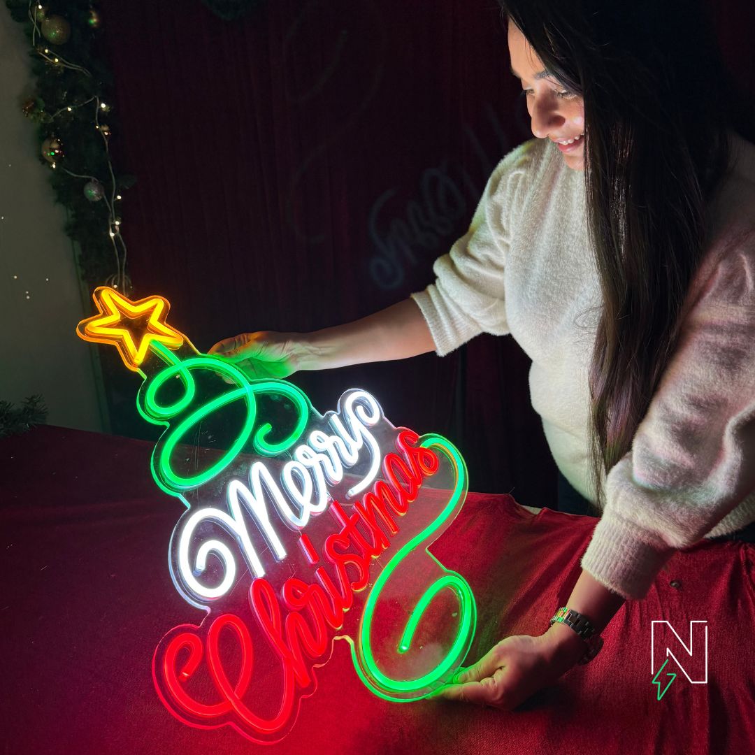 Merry Christmas With Christmas Tree Neon Sign